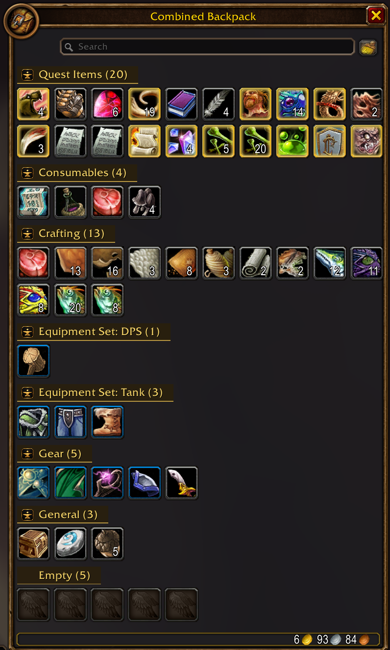 Combined backpack sorted into labeled sections